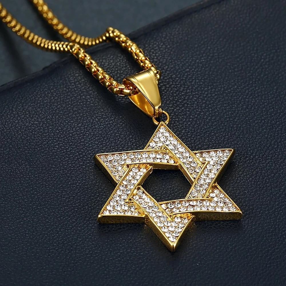Hip Hop Iced Out Star of David Pendant Male Gold Color Stainless Steel Hexagram Necklace for Men Jewish Jewelry Birthday Gift