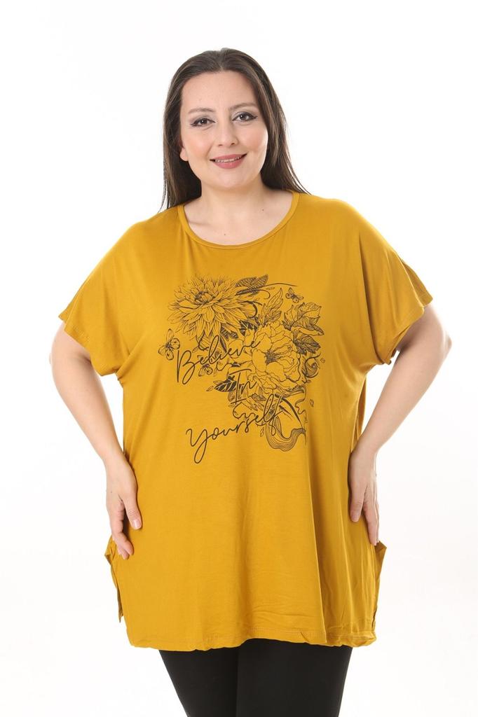 Damen-Bluse in großen Größen, Kleidung in Übergröße, gelbe Bluse mit Blumenmuster