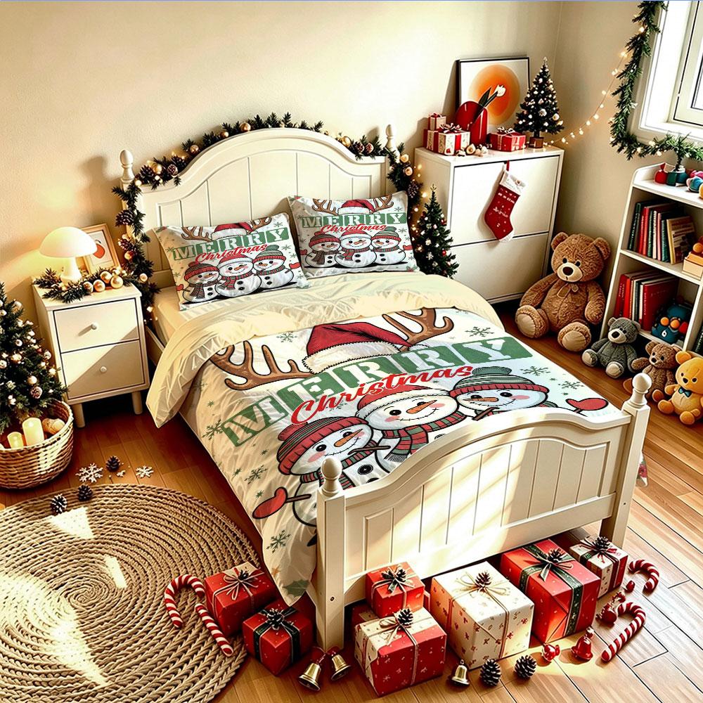 Christmas Duvet Cover Set 3Pcs Cute Cartoon Snowman Reindeer Antler Print Soft Microfiber Bedding with Pillowcases