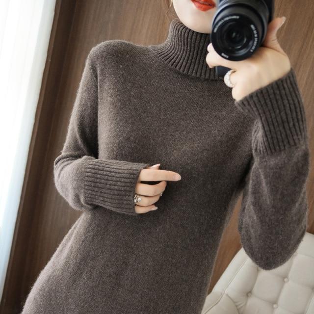 Autumn Winter High Collar Pullover Women's Wool Sweater Long Section Cashmere Dress Bag Hip Split Loose Loose Thick Top