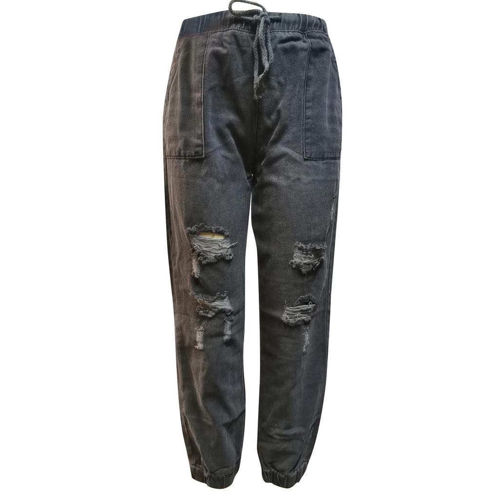 Dames Gescheurde Jeans Trekkoord Elastische Taille Gewassen Casual Broek Denim Broek