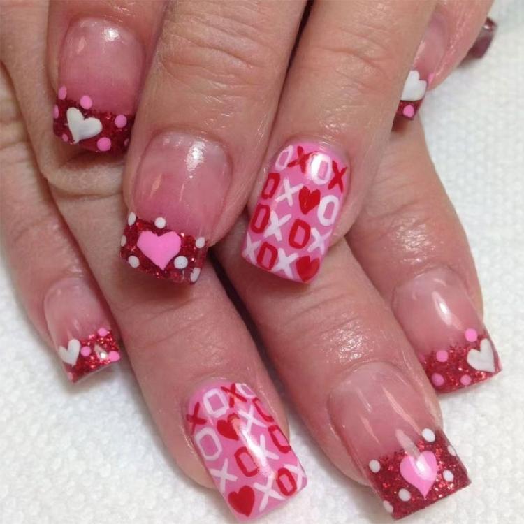 

24 Pieces Valentine s Day Nail Press on Nail Short Square Glitters Designs Heart French Nail Set Designed For Women 1