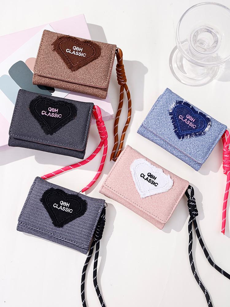 Denim Heart Lanyard: Fashionable Women's Three-Fold Coin Purse Wallet
