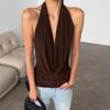 French Sexy Brown Neck Drape Vest Women's Summer High-end Knitted Backless Swing Collar Top Women's Clothing