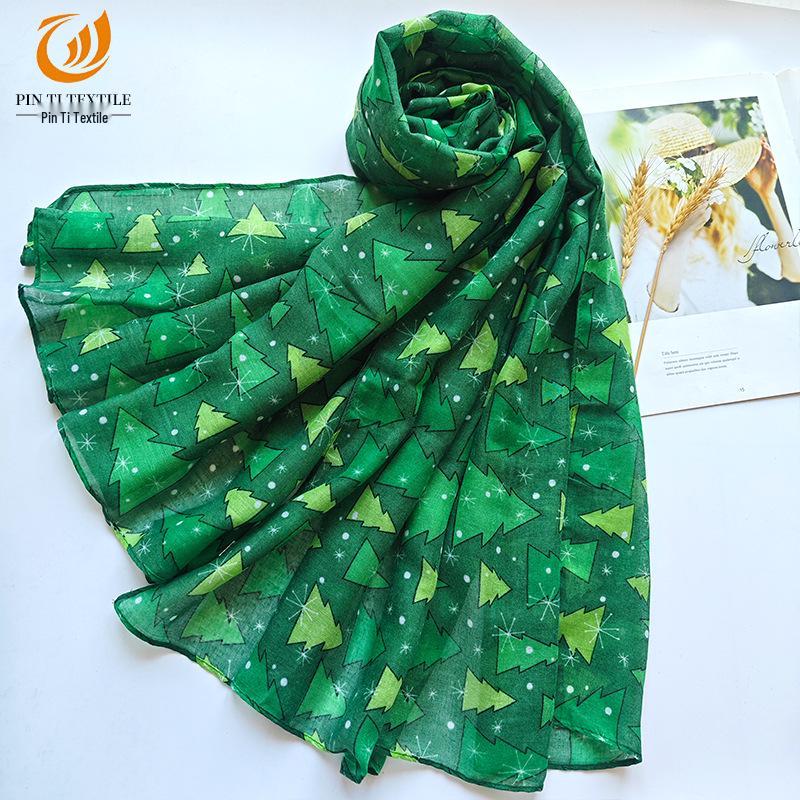 

2025 Green Christmas Tree Pattern Bali Yarn Long Scarf - Fashionable Versatile Shawl 90x180
