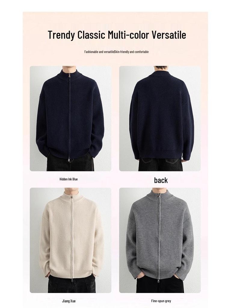 Men's Stand Collar Double Zipper Cardigan Sweater - High-End Lazy Style for Autumn and Winter