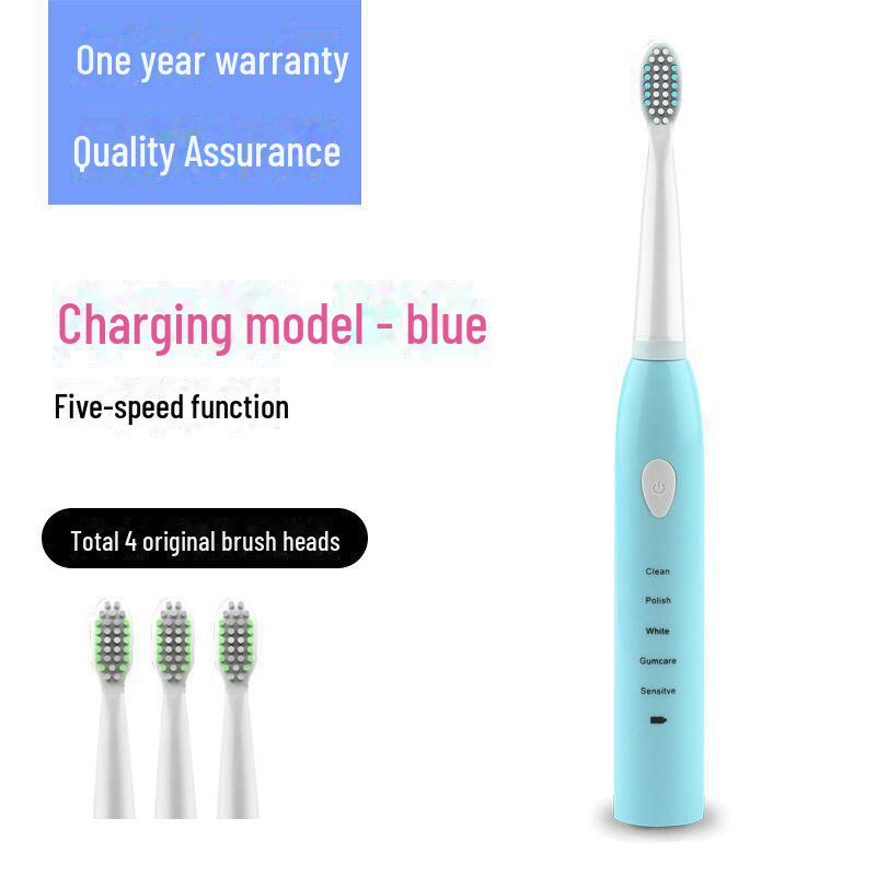 

Аккумуляторная электрическая зубная щетка для взрослых с продуманной водонепроницаемой конструкцией и мягкими щетинками на пяти скоростях 201 English + 4 brush heads синий