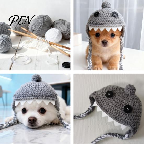Pet Daily Fun Headband Funny Shark Cat Hat, Crocheted Hat with Braided Animal Shaped Dog Straps, Soft Cute Knitted for Cats Small Dogs Photography