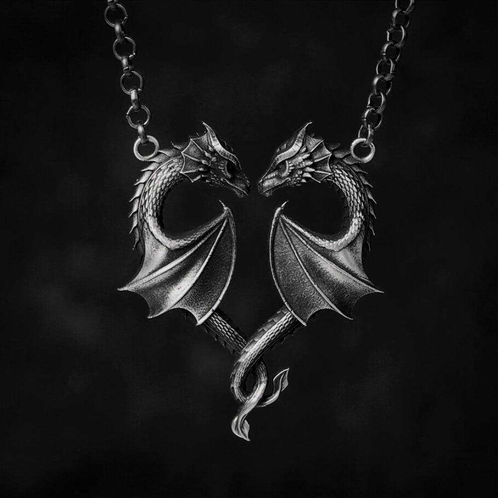 Retro Personality Two Flying Dragon Entwined Heart Shape Pendant Necklace for Women Men Couple Symbolizing Love Jewelry Gifts