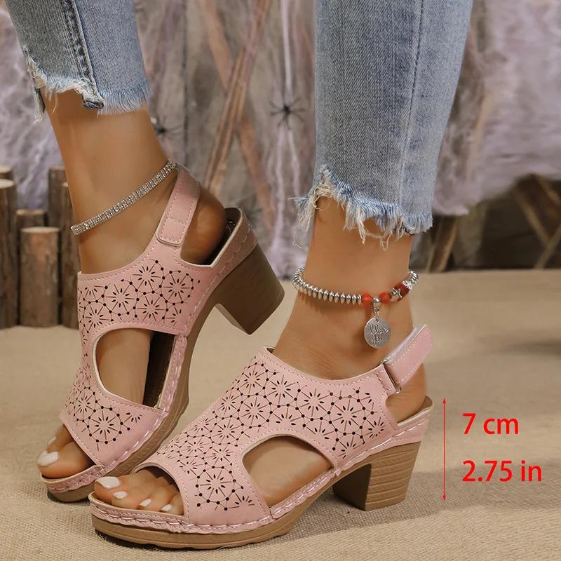 Fashion Women's Fashion Thick Sole Hollow Sandals Summer High Heel Peep Toe Sandal Female New Back Strap Square Heel Sandalias Mujer