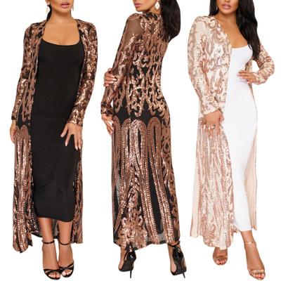 Evening Party Women Sexy Sequin Perspective Long Sleeve Maxi?Coat Gown Cardigan