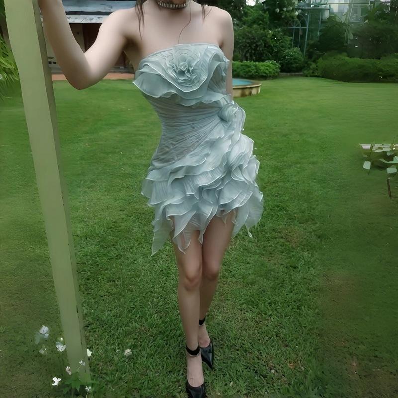 2026 European and American French lady style temperament ruffle leaf edge three-dimensional flower streamer irregular dress waist skirt