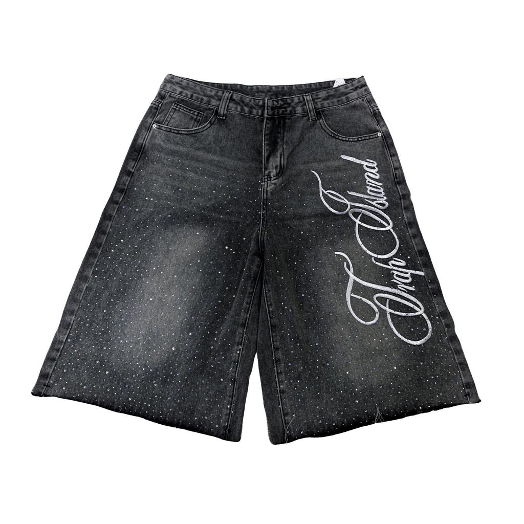 Pantaloncini di Jeans Larghi da Uomo con Strass Y2K Casual Vintage Gamba Larga Dritti Capri Pantaloncini di Jeans Hip Hop Streetwear