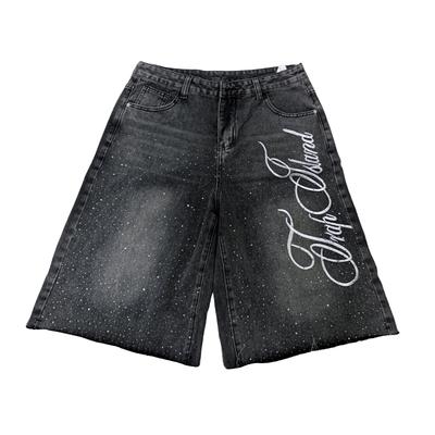 Pantaloncini di Jeans Larghi da Uomo con Strass Y2K Casual Vintage Gamba Larga Dritti Capri Pantaloncini di Jeans Hip Hop Streetwear