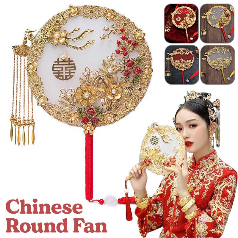 Chinese Style Wedding Dress Bridal Hand Fans Handmade Luxurious Phoenix Flower Round Xi Fans Red/Gold Xiuhe Hanfu Photo Props