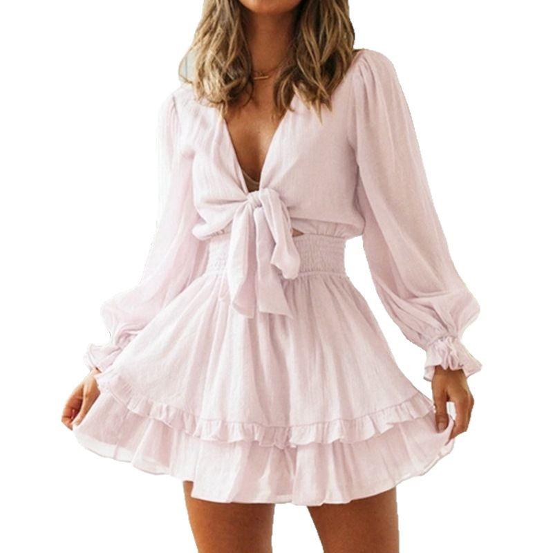Spring & Autumn V-Neck Long Bubble Sleeve Lace-up Ruffle Dress