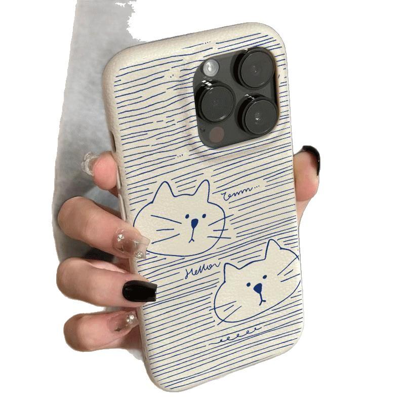 Blue Line Cat for Apple 16pro Mobile Phone Case 15proma X Soft Glue 13p Imitation Leather 12pro Cartoon