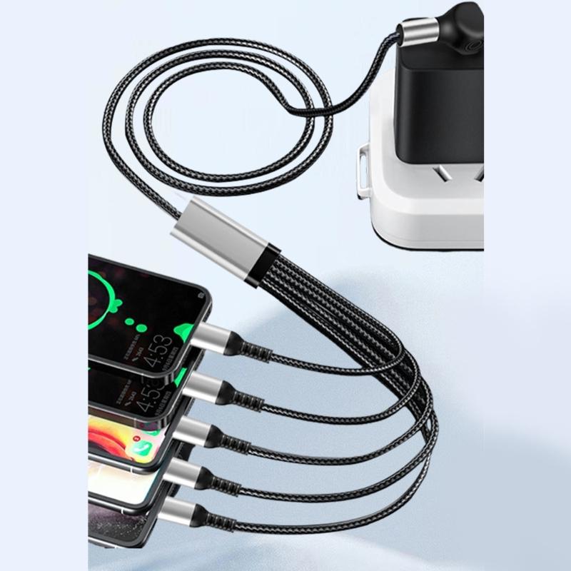 Right Angle USB A Male to 5 Type-C Male Cord 150cm Multi Charging Data Cable 66W USB Fast Charging Cord for Phone