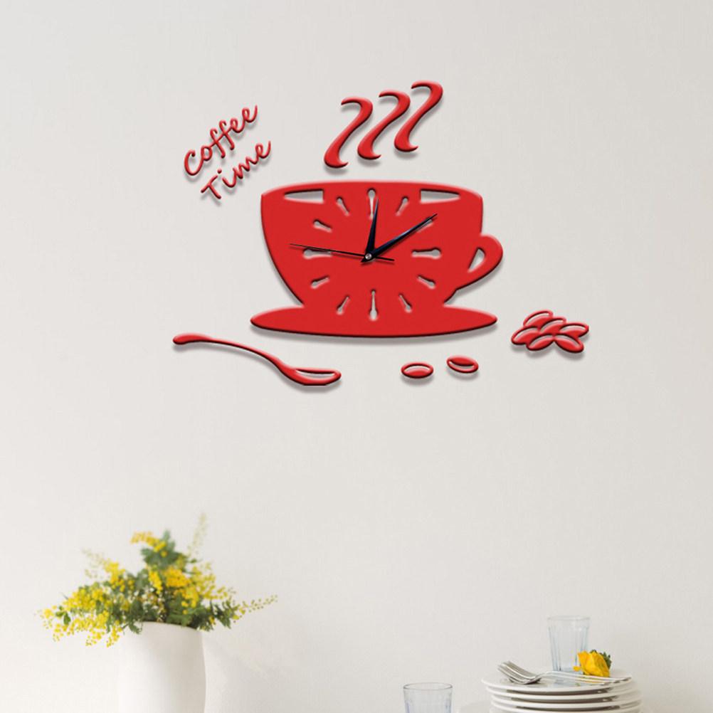 3D Acrylic Coffee Wall Clock Modern Kitchen Decor DIY Hollow Numeral Timepiece Red Wall Clock Home Decor