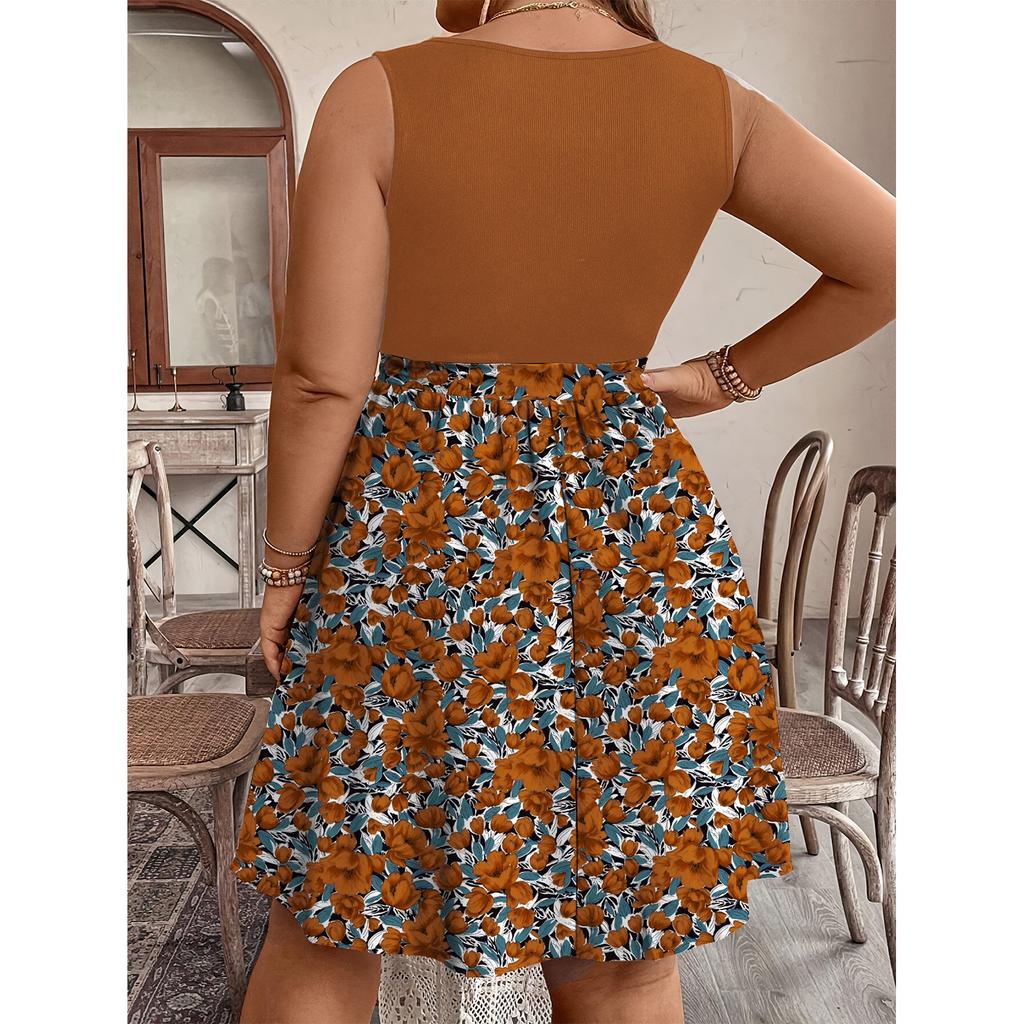 Damen Modisches Lässiges Farbblockiertes Bedrucktes Ärmelloses Taillenkleid in Großer Größe