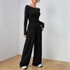 VEZFAA Women's Fashion Casual Spring Autumn Solid Color Print Long Sleeve O-Neck Trousers Pants Suits