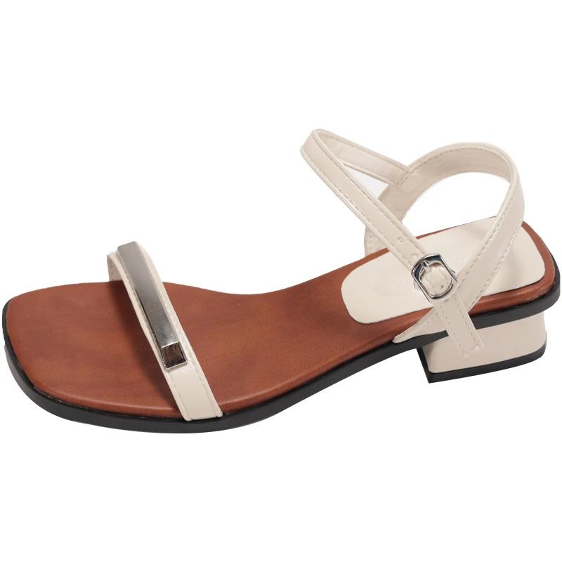 Fashion 2025Block Heel Explosive Straight Strap Sandals Women's Summer New Simple Square Toe Open Toe Square Heel Shoes