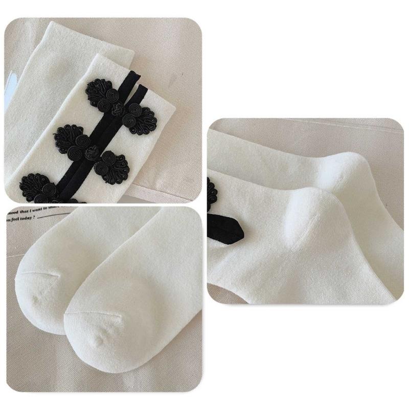 Womens Casual Crew Socks, Chinese Style Cheongsam Buckle Design Ladies Socks Solid Color Cotton Calf Socks