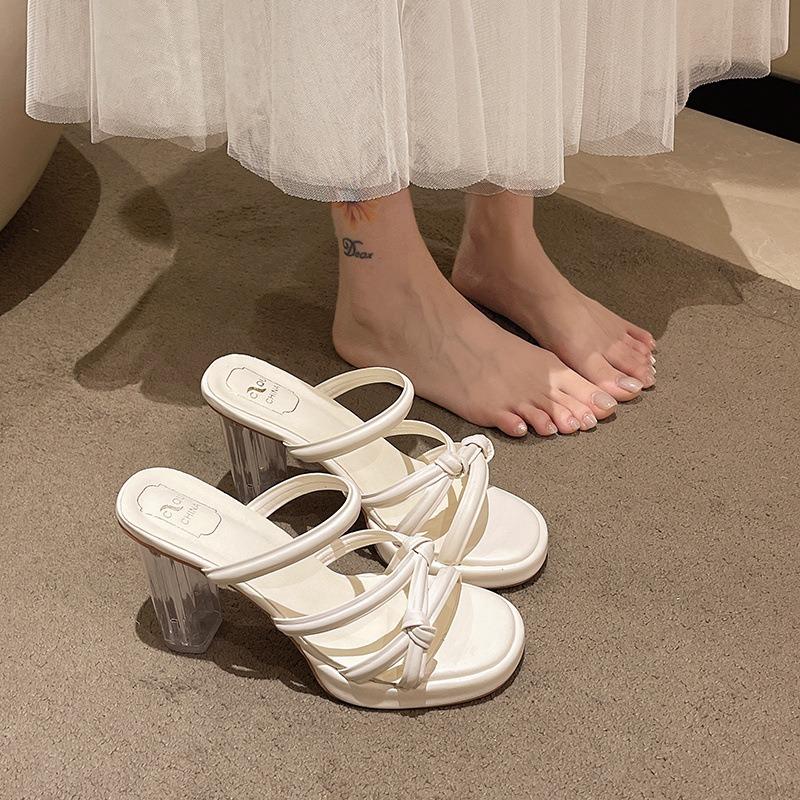 High heels women's summer new transparent one-word strap crystal heel slippers round head waterproof table outer slippers