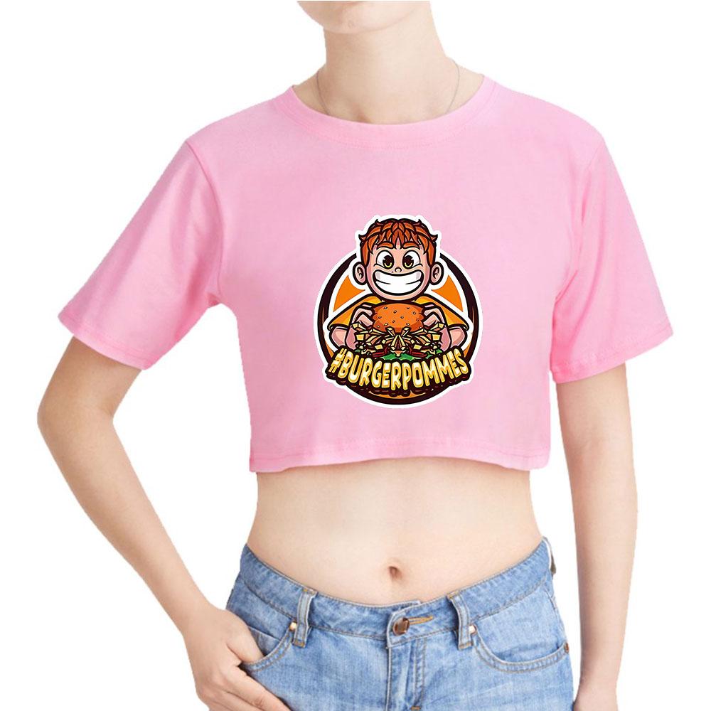Women's Stylish Burgerpommes ICrimax Printed T-Shirt Short Sleeve Round Neck Slim Fit Wild Casual Crop Tops for Summer