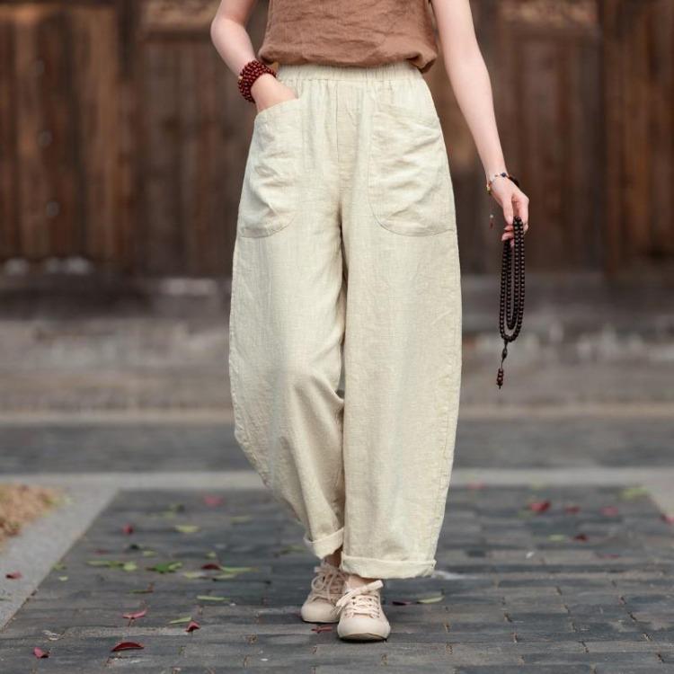 Johnature Vintage Women Harem Pants Loose Trousers Solid Color with Patchwork Pockets Elastic Waist