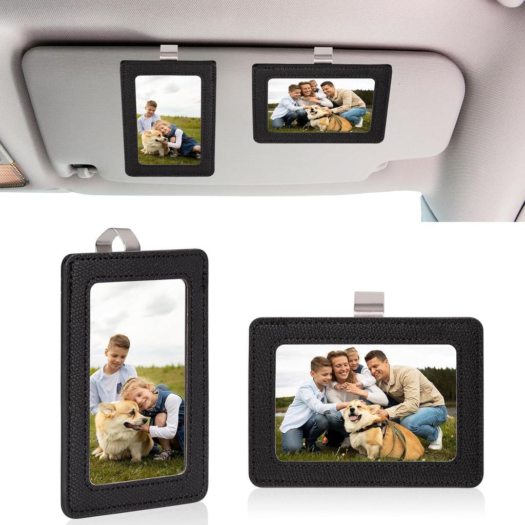 2 Pack Car Picture Frame Visor Clip Leather Sun Visor Photo Clip Holder Personalized Car Picture Holder Display Visor Photo Frame Vertical Horizontal
