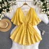 Vacation Style 2024 Summer New Arrival Niche Style Sexy Deep V-neck Lace Patchwork Waist-Slimming Sweet Flare Sleeve Dress