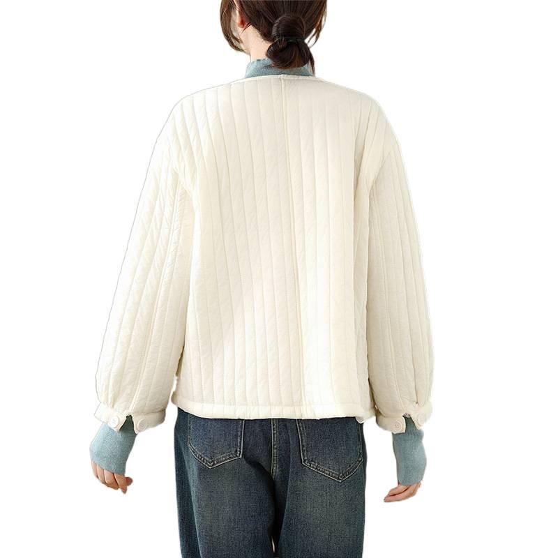 Available: Quilted Women's Korean-Style Loose Winter Jacket with Irregular Placket and Round Neck.