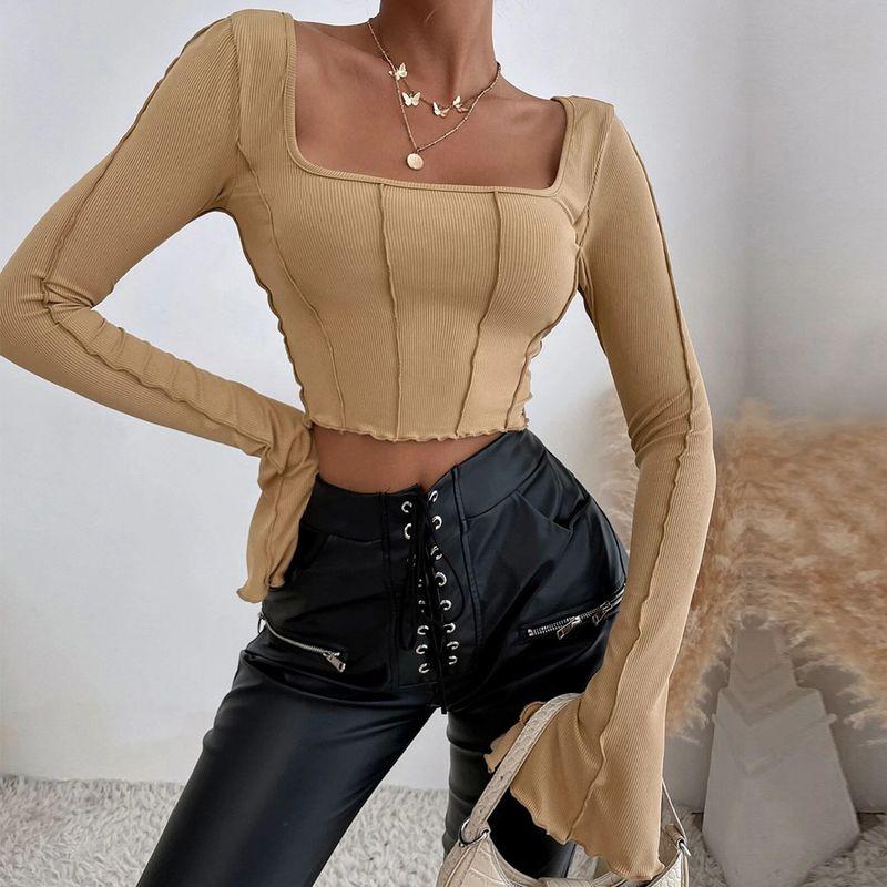 2022 Slim Fitting Long Sleeve Square Neck Pullover T-shirt