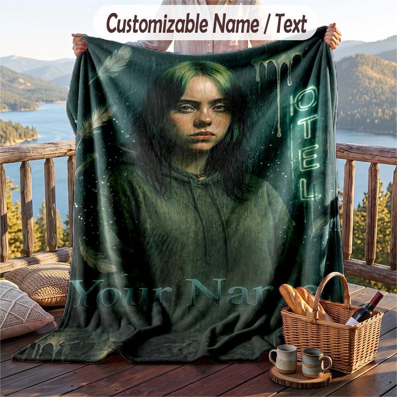 Personalized Flannel Throw Blanket,Billie Eilish Custom Printed Name, Cozy Plush Blanket For Home Use