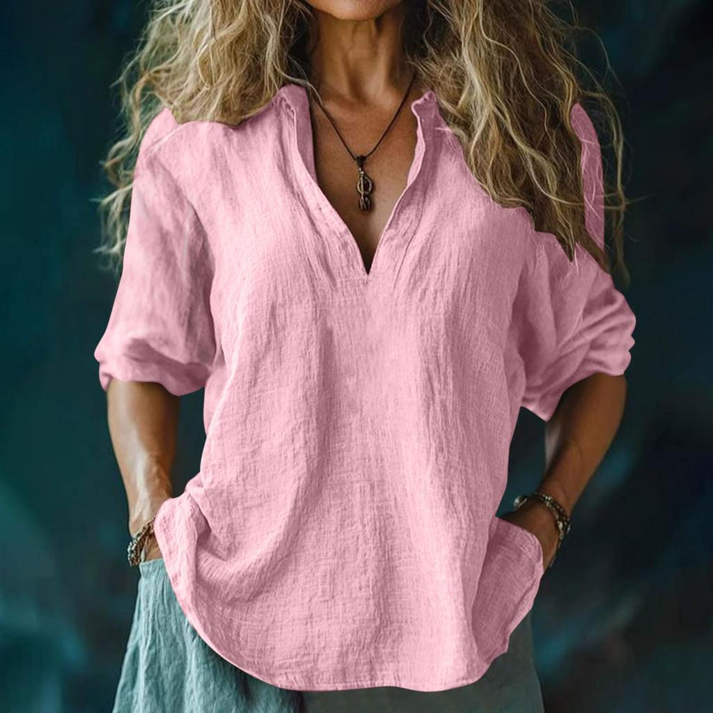 Women's Fashion Casual V-Neck Cotton-Linen Blend Shirt Loose-Fit Short-Sleeve Top
