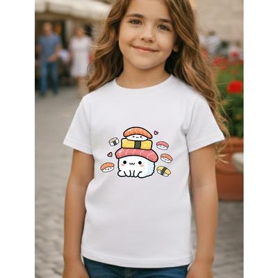 Taglie Europee T-shirt Girocollo da Bambina con Divertente Fantasia Sushi | Comodo Top Casual in Maglia, Ideale per Primavera/Estate, Tessuto Leggermente Elasticizzato