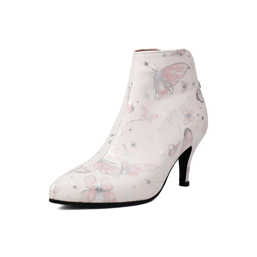 Concise Women's Ankle Boots Floral Print Heels Shoes PU Pointed Toe Footwear 2024 Autumn Winter New