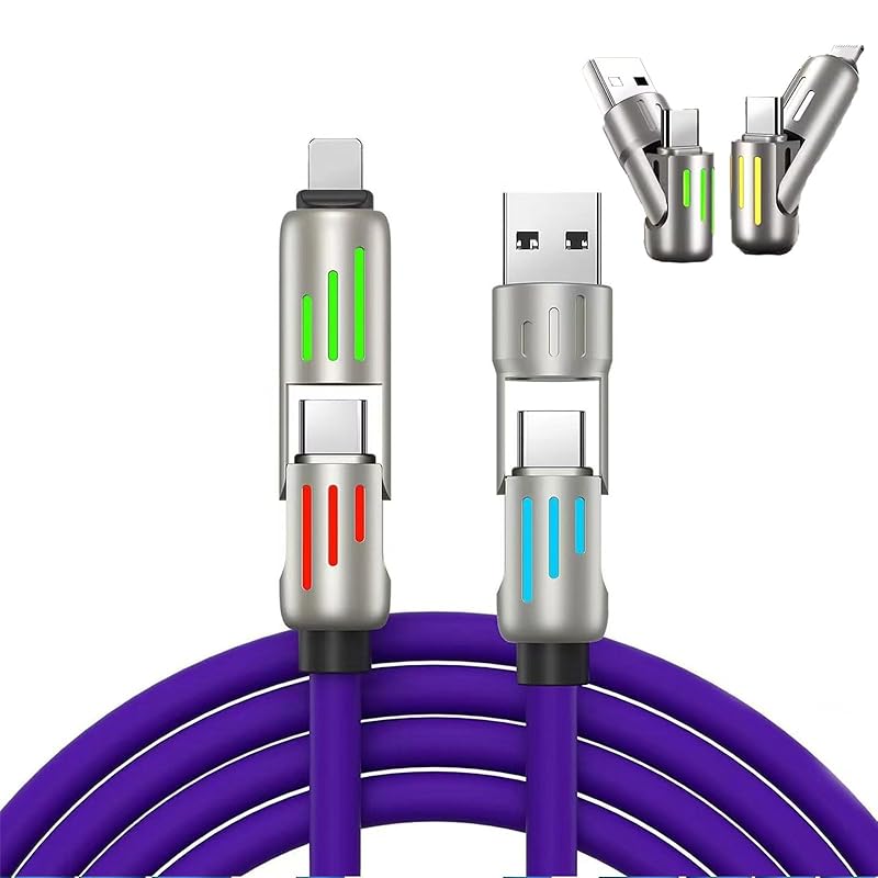 1.5M 4-in-1 Fast Charging Cable with LED Indicator 240W USB C  Universal Cable with Lightning/Micro-USB/Type-C Ports for All Phones Tablets Power
