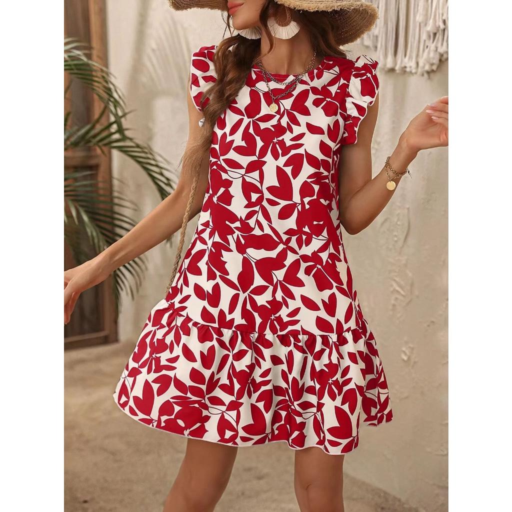 Women's Round Neck Ruffle Sleeve Mini Dress Loose Leaf Print Summer Casual Sundress