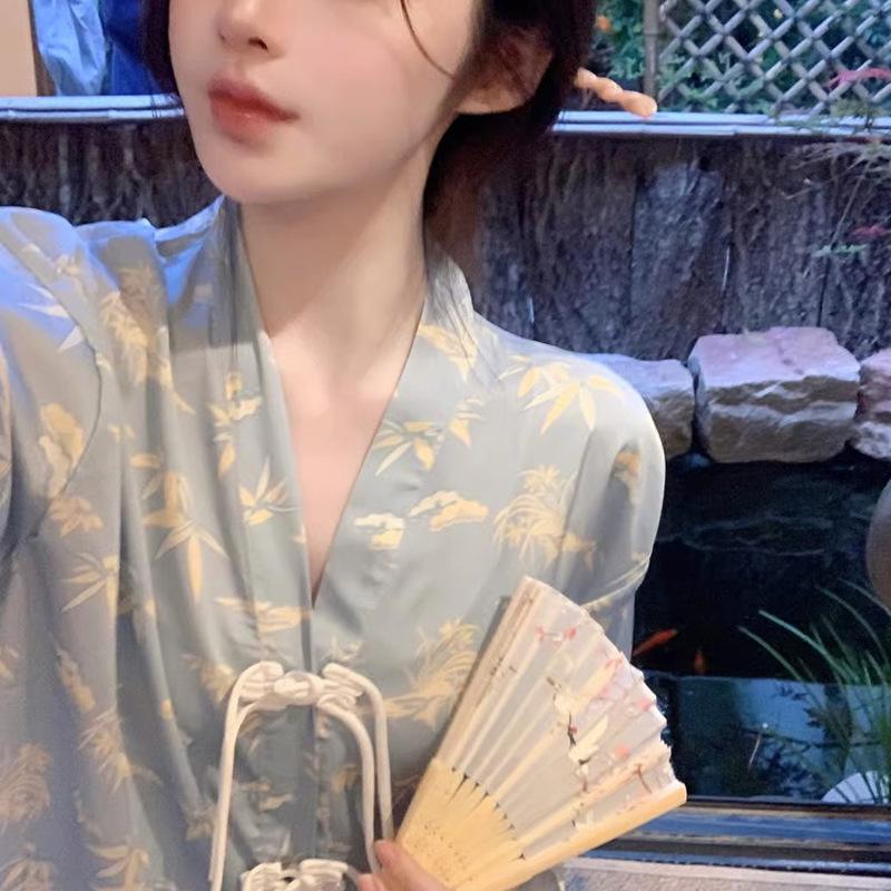 Wind Blue High-End Light Luxury Fairy National Wind Simulation Silk Pajamas Women'S Loungewear Set