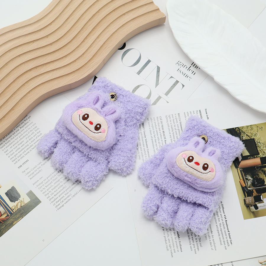 

Plush Flip Up Children s Gloves, Cute Women s Knitted Open Finger Coral Velvet Cartoon Gloves, Children s Gloves One size