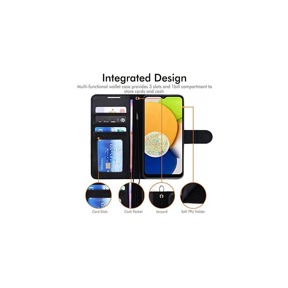 (Black) Galaxy A03 Leather Wallet Case, Flip Protective Case Cover with Wallet Card Holder, Stand and Wrist Strap - PU Leather with Magnetic Closure