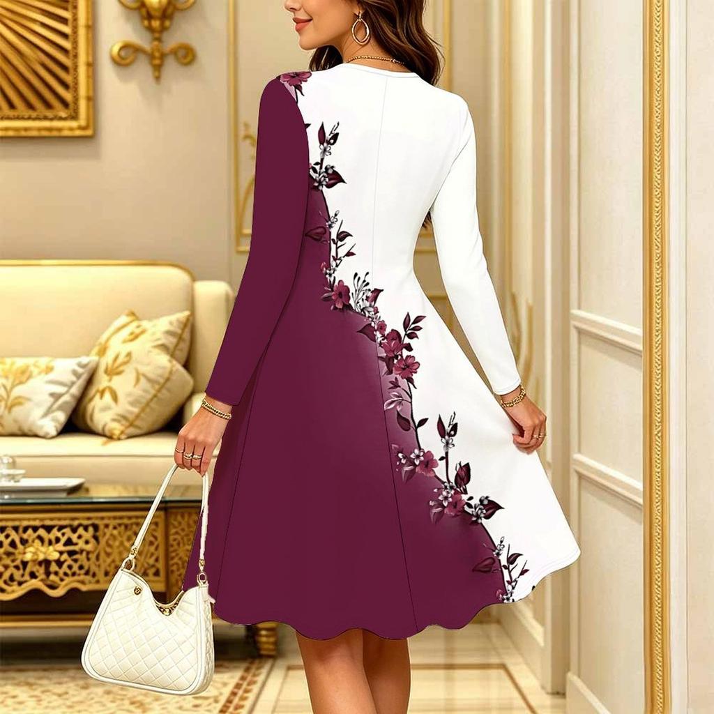 Women Long Sleeve Round Neck Midi Dress Retro Paisley Floral Swirl Print Flared Casual Dress