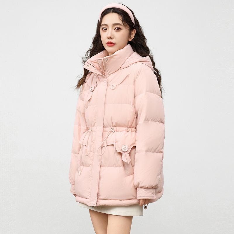 Autumn and winter new down jacket women's medium and long hooded loose top waist thickened warm white duck down jacket