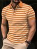 [Printed Design – Not Textured] Men'S Fashionable Orange And Yellow Contrast Stripe Summer Turn- Collar Short-Sleeve Casual Versatile Top