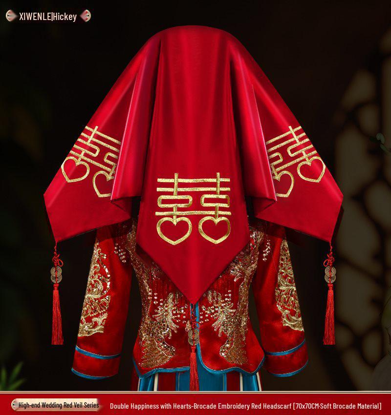 Винтажная красная вышитая атласная свадебная фата: Китайское платье Сюхэ с кисточками, маска для лица и счастливый платок