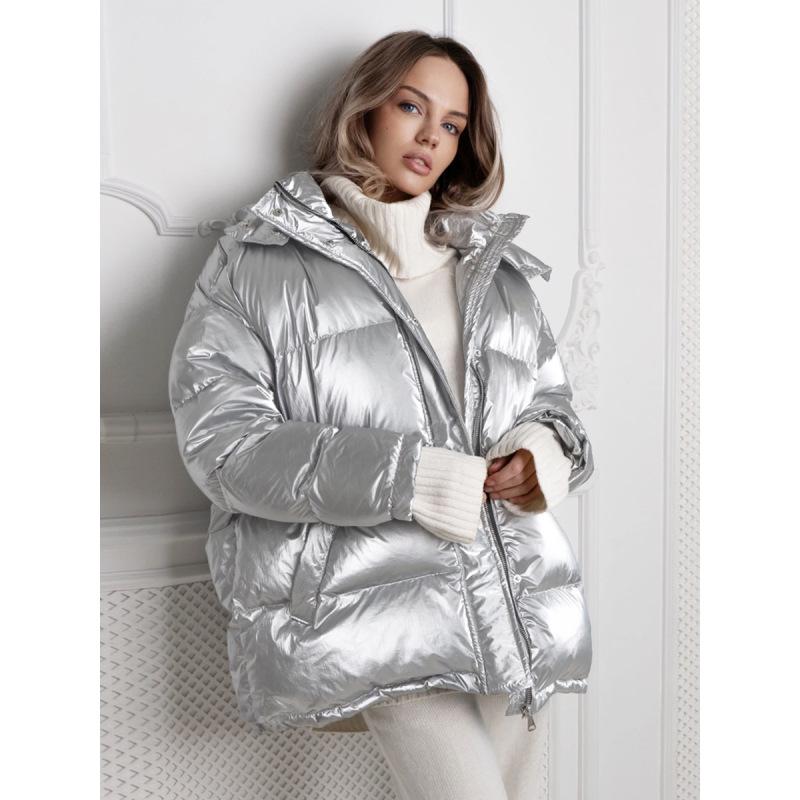 

Tooxika Бавовняне пальто з капюшоном Жіноче відкрите яскраве пальто осінь і зима Повсякденна куртка L срібний