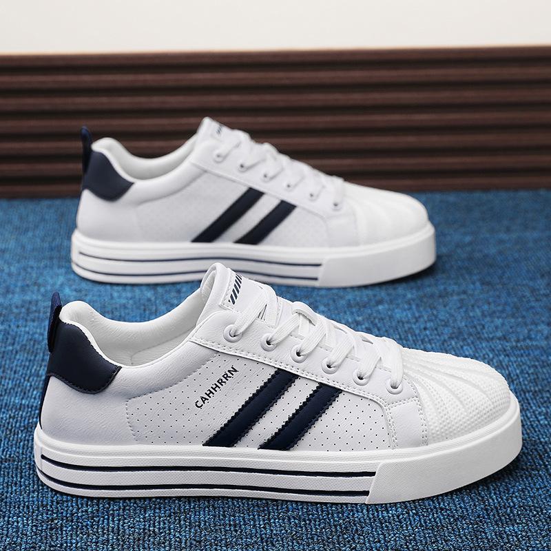 Board Shoes Men'S Casual Shell Head Leather Surface Two Bars Sports Breathable Trend White Shoes