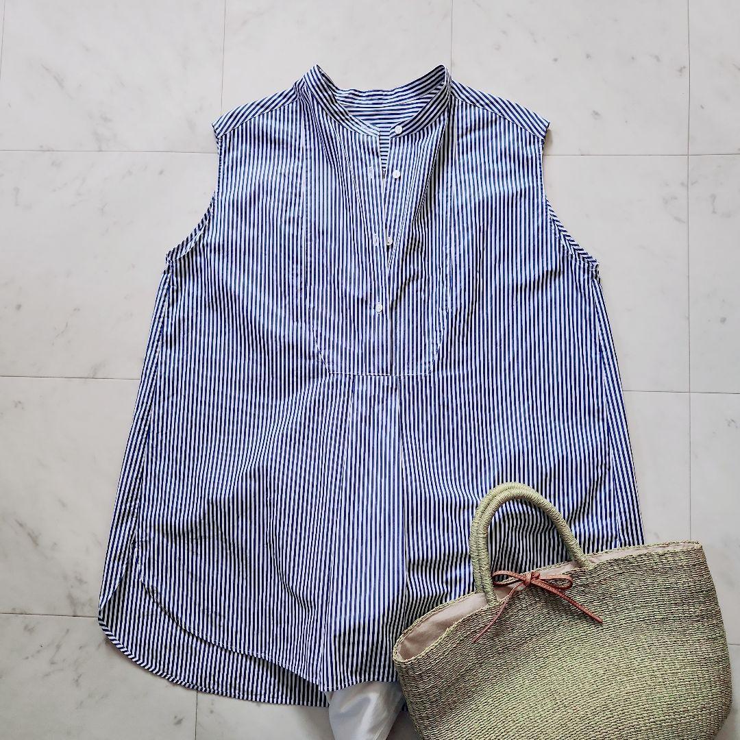 Good Condition Jena Sleeveless Shirt Blue Striped Loose Made in Japan Cotton